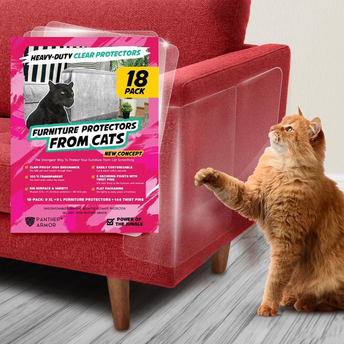 18 Pack Cat Scratch Furniture Protector Sheets Clear Couch & Sofa Guard from Cat Claws Easy Apply, Removable, with Twist Pins (9 XL + 9 Large)