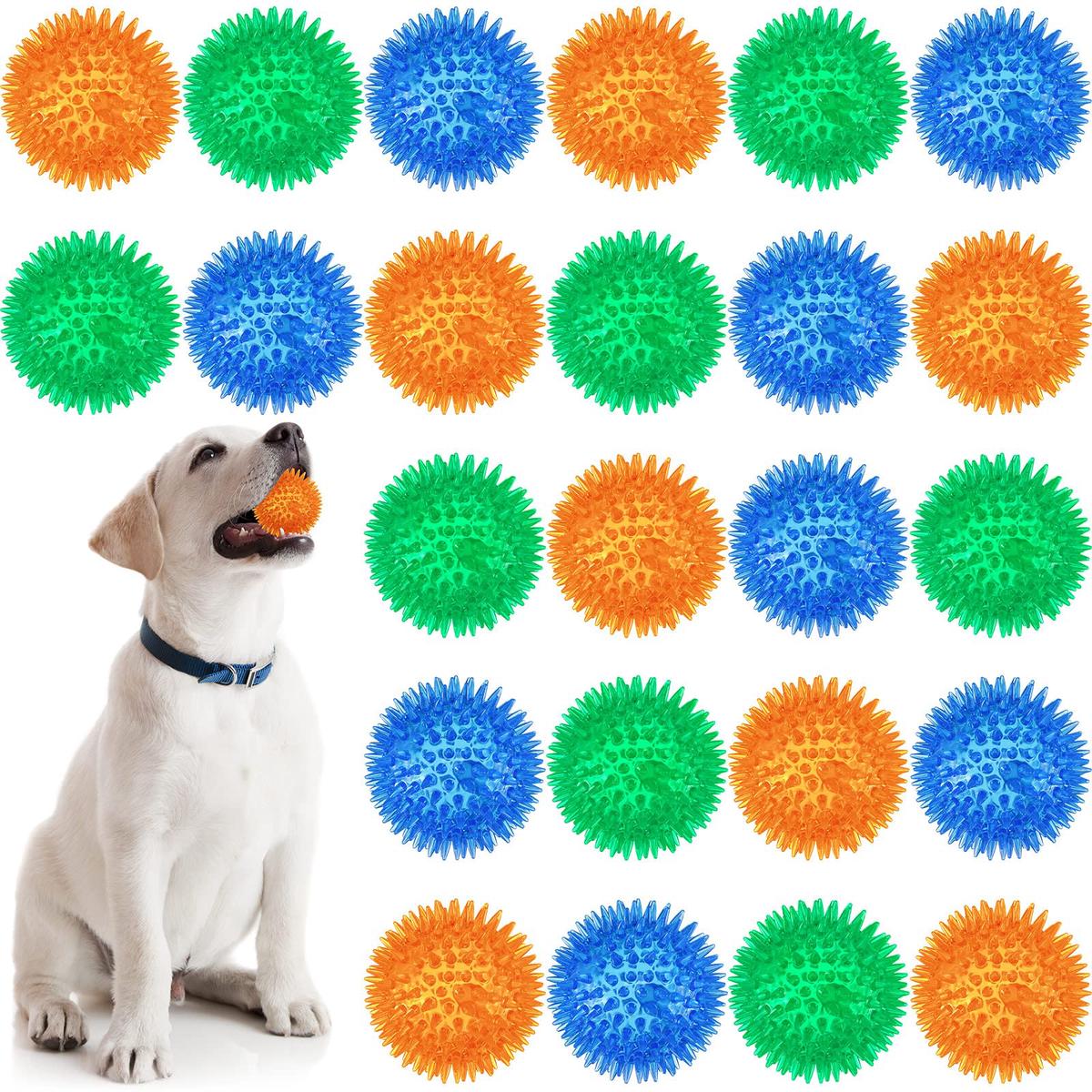24 Pack Squeaky Dog Toys Balls 2.56'' Spiky Dog Balls Floating Pool TPR Puppy Fetch Chew Toy for Small Medium Doggy Aggressive Chewers Clean Teeth Training(Blue, Green, Orange)