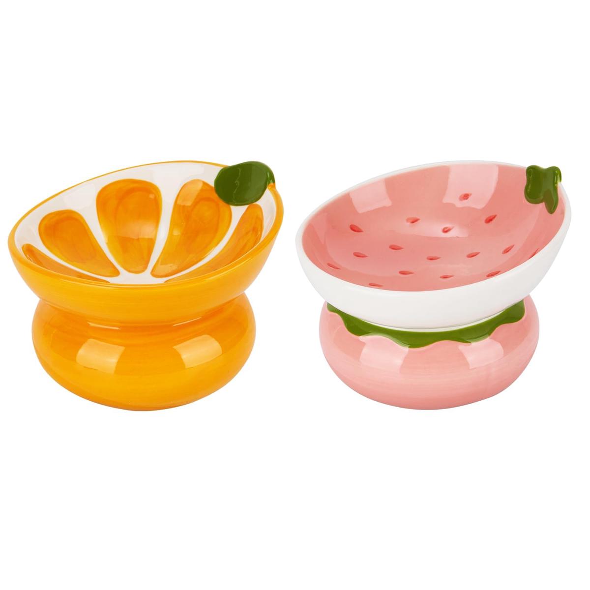 2PCS Tilted Elevated Cat Food Bowl Raised Ceramic Cat Bowl Anti Vomiting Shallow Cat Feeding Bowls Wide Cat Bowls Whisker Friendly High Cat Dish Microwave and Dishwasher Safe (Strawberry +