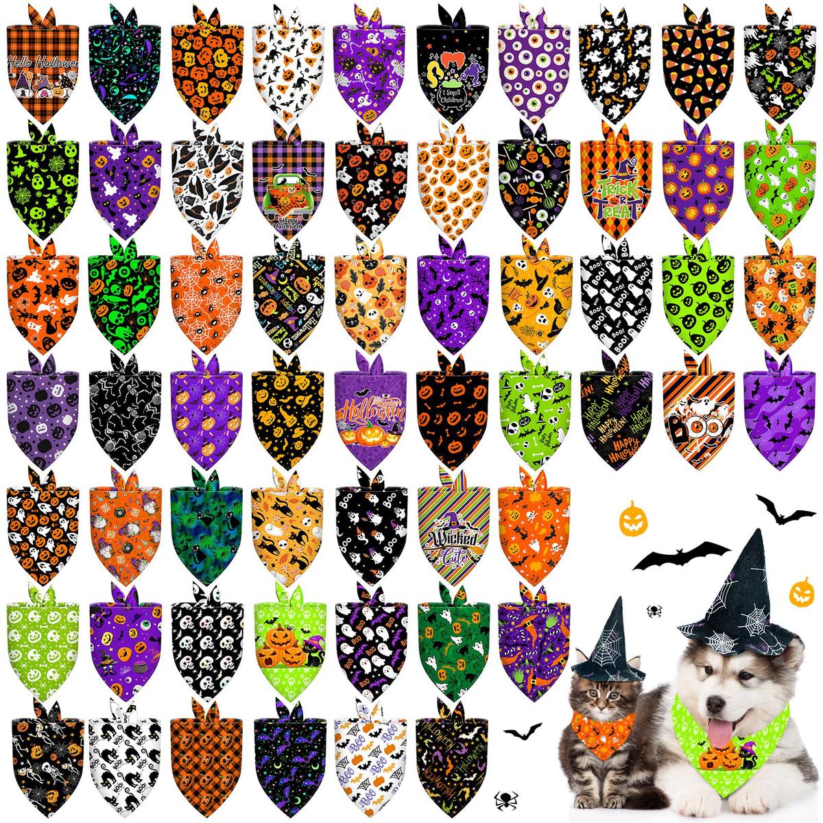 60 Pcs Halloween Dog Bandanas Bulk Adjustable Triangle Dog Scarves Bibs Puppy Bandanas Pet Neckerchief Washable Holiday Dog Bandana for Small Medium Large Dog Pet Grooming Cosplay Accessor