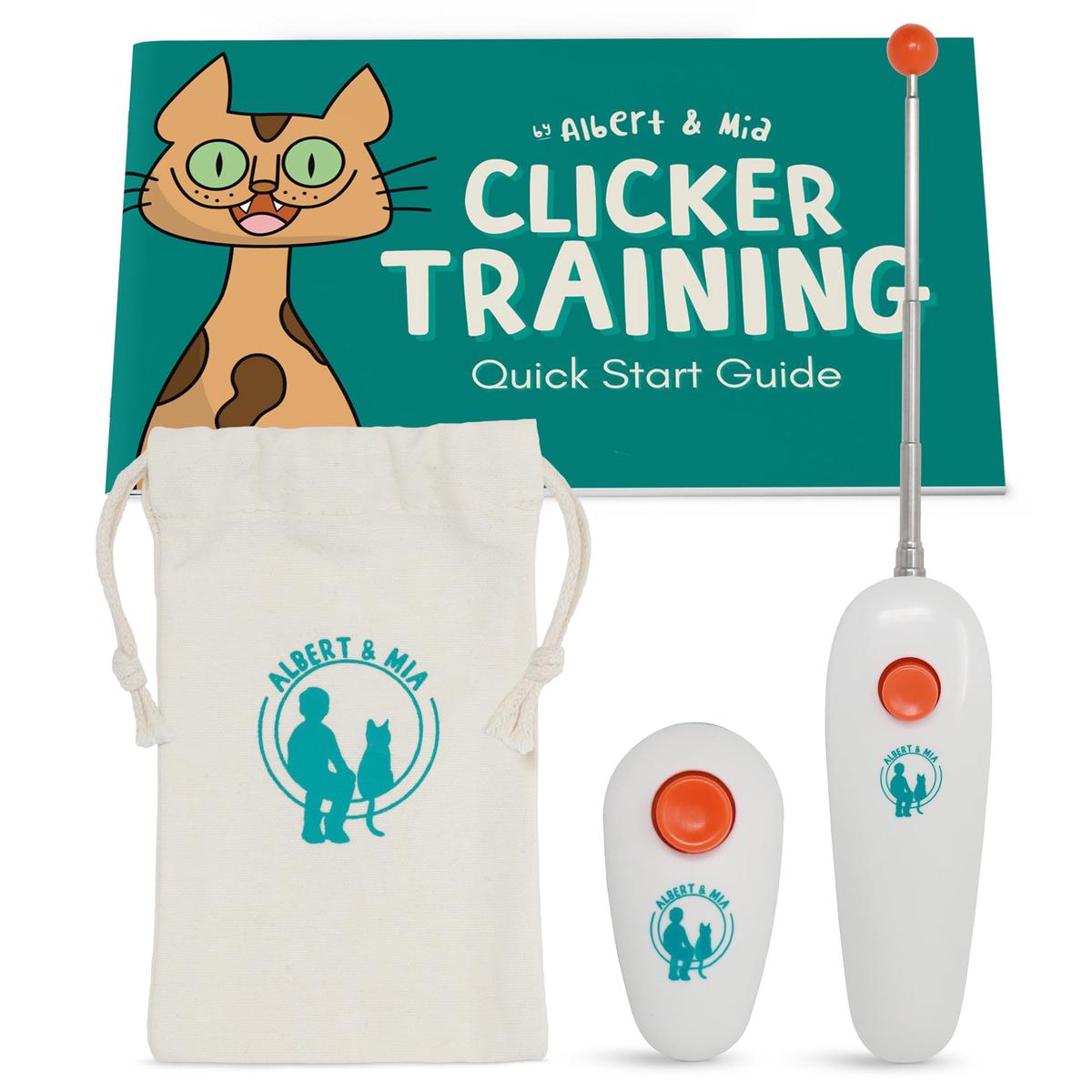 ALBERT & MIA Cat Training Kit (4 Pieces) - Quiet Clicker + Target Stick Clicker + Treats Pouch + Cat Clicker Trainer Start Guide (Beginner to Expert Pet Trainer) - Kitten & Dog Training Cl