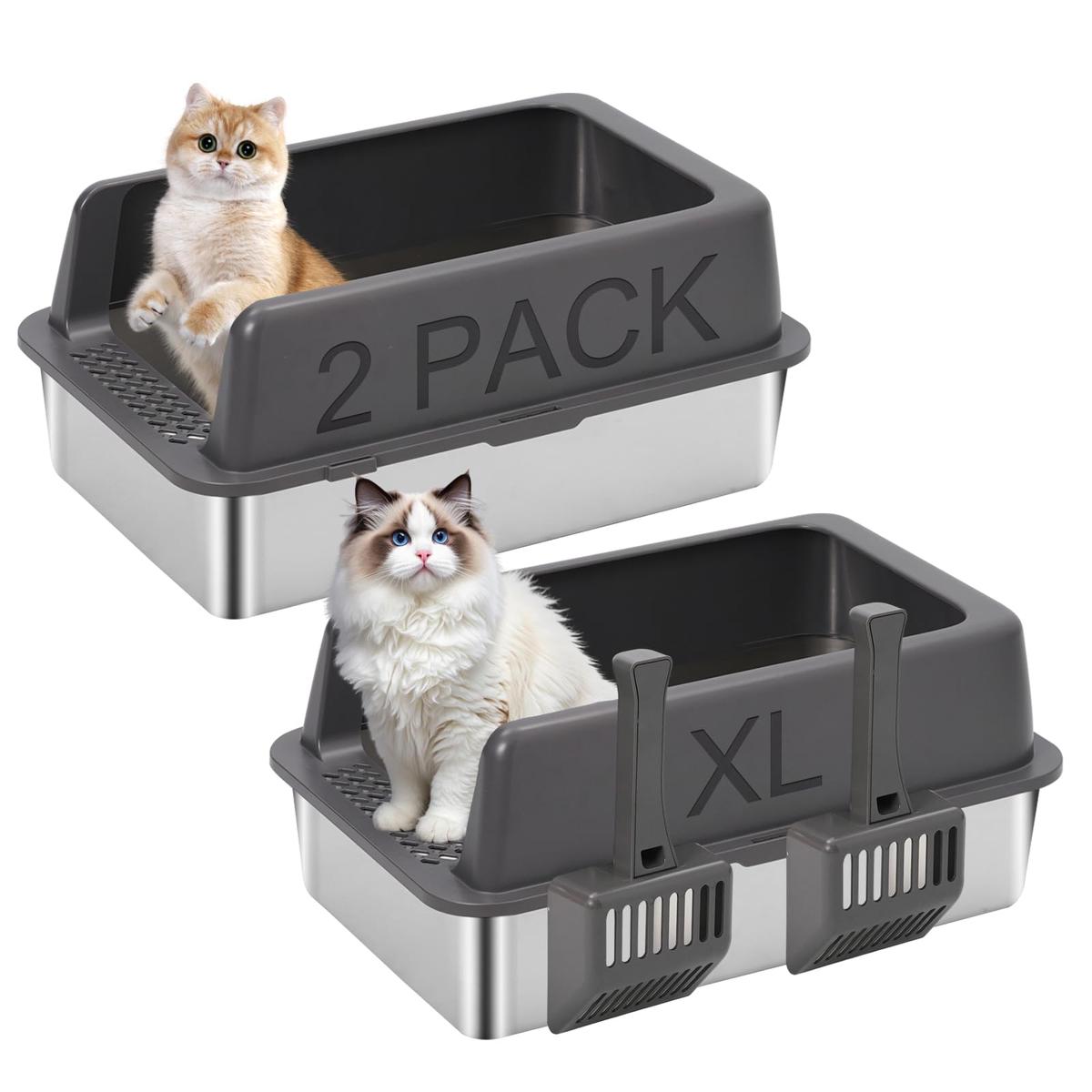 2 Pack Stainless Steel Open Cat Litter Box, Large Cat Litter Tray for Big Cats, 24" L x 16" W x 9.8" H, Metal Litter Box High Sided, Easy Cleaning, Include Scoop (Dark Gray)