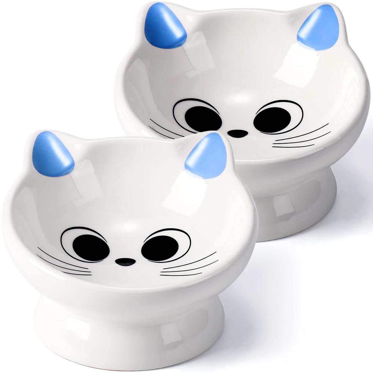 2Pcs Raised Cat Food Bowl Ceramic 15 Tilted Food Bowls Protect Cat's Spine Anti Vomiting Backflow Prevention Cat Bowls for Adult Kitten, and Small Dogs, Blue
