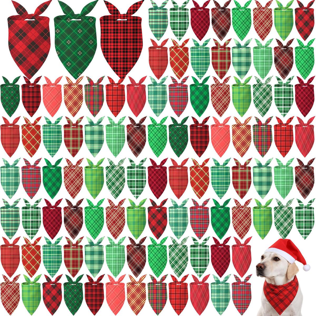 Abbylike 50 Pieces Christmas Plaid Dog Bandanas Bulk Xmas Bandanas for Dogs Triangle Kerchief Bibs Scarf Set for Christmas Pet Costume Accessories Decoration (31.5 x 21.7 x 21.7)