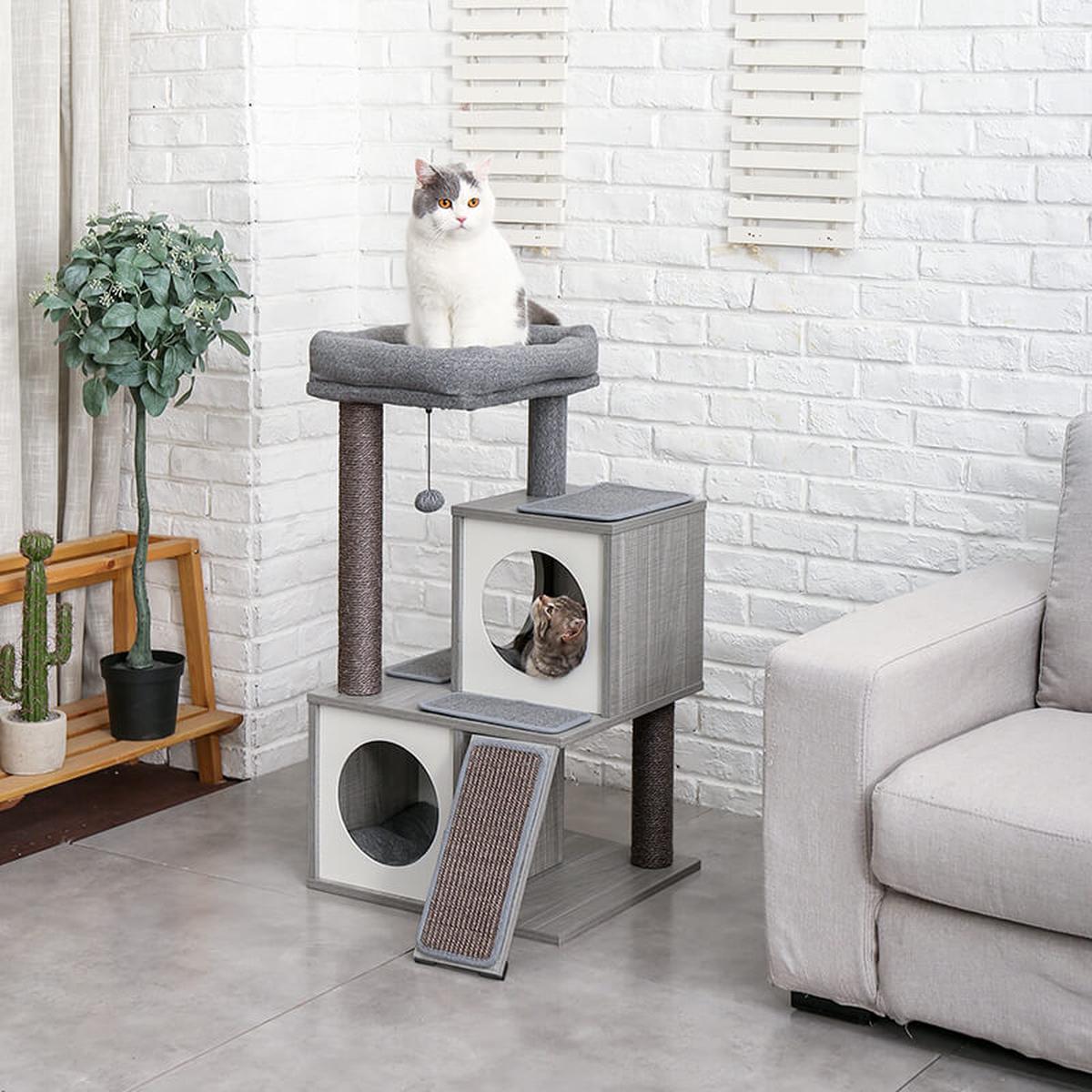 18.9" Luxury Gray Spacious Perch Cat Tree Tower with Double Condos